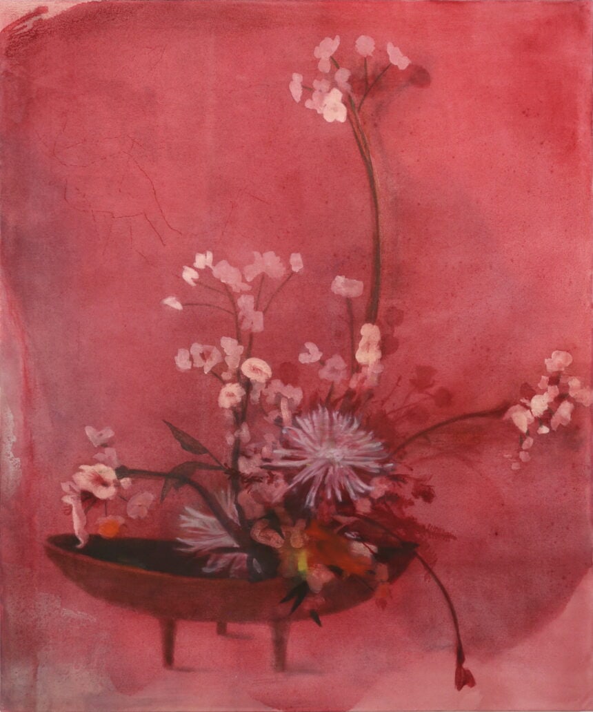 on the flower path, 2025, oil and acrylic on canvas 100x120cm On the flower path